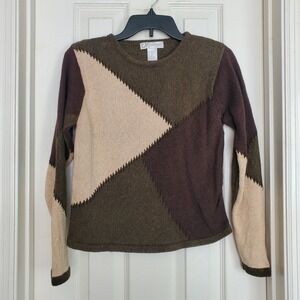 Dressbarn Earthy Colorblock Geometric Knit Sweater Brown Green Petite Small